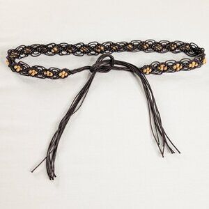 VTG Brown Braided Leather Tan Beaded Boho Fringe String Belt